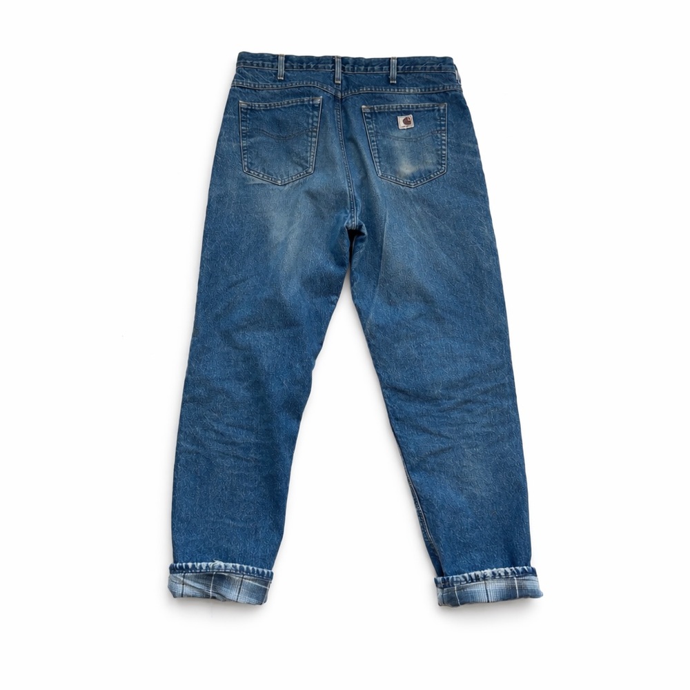 Carhartt Relaxed Fit Denim Jeans Blue Plaid Flannel Lined Workwear 36x32 Y2K